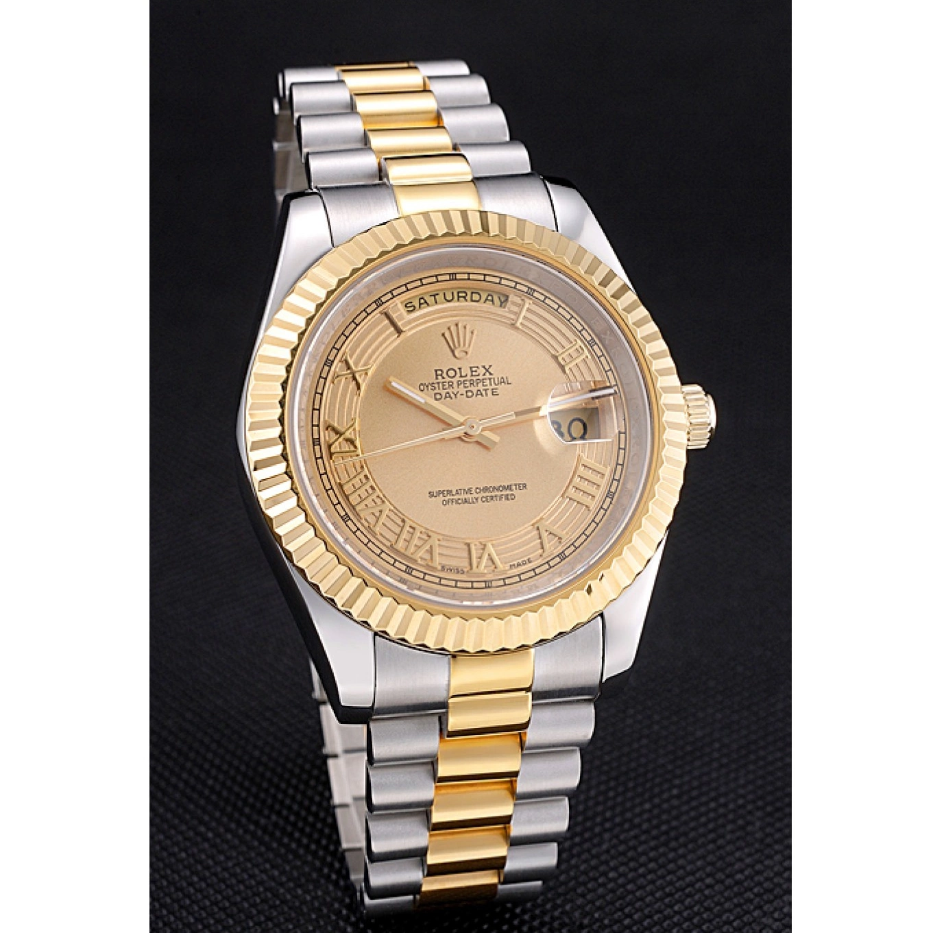 Aaa replica watch Plated Rolex Tone Day-Date Steel 18k Stainless Gold Dial Two Gold 0804